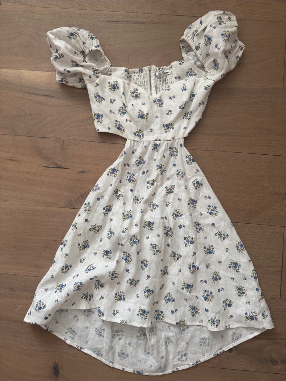Reformation White Smocked Top with Blue and Yellow Floral Accents